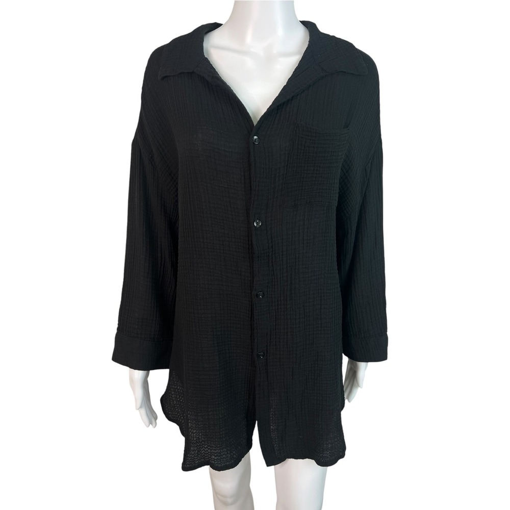 Kona Sol Top Cover Up Swim Black Gauze Cotton Button Down Beach Resort Medium